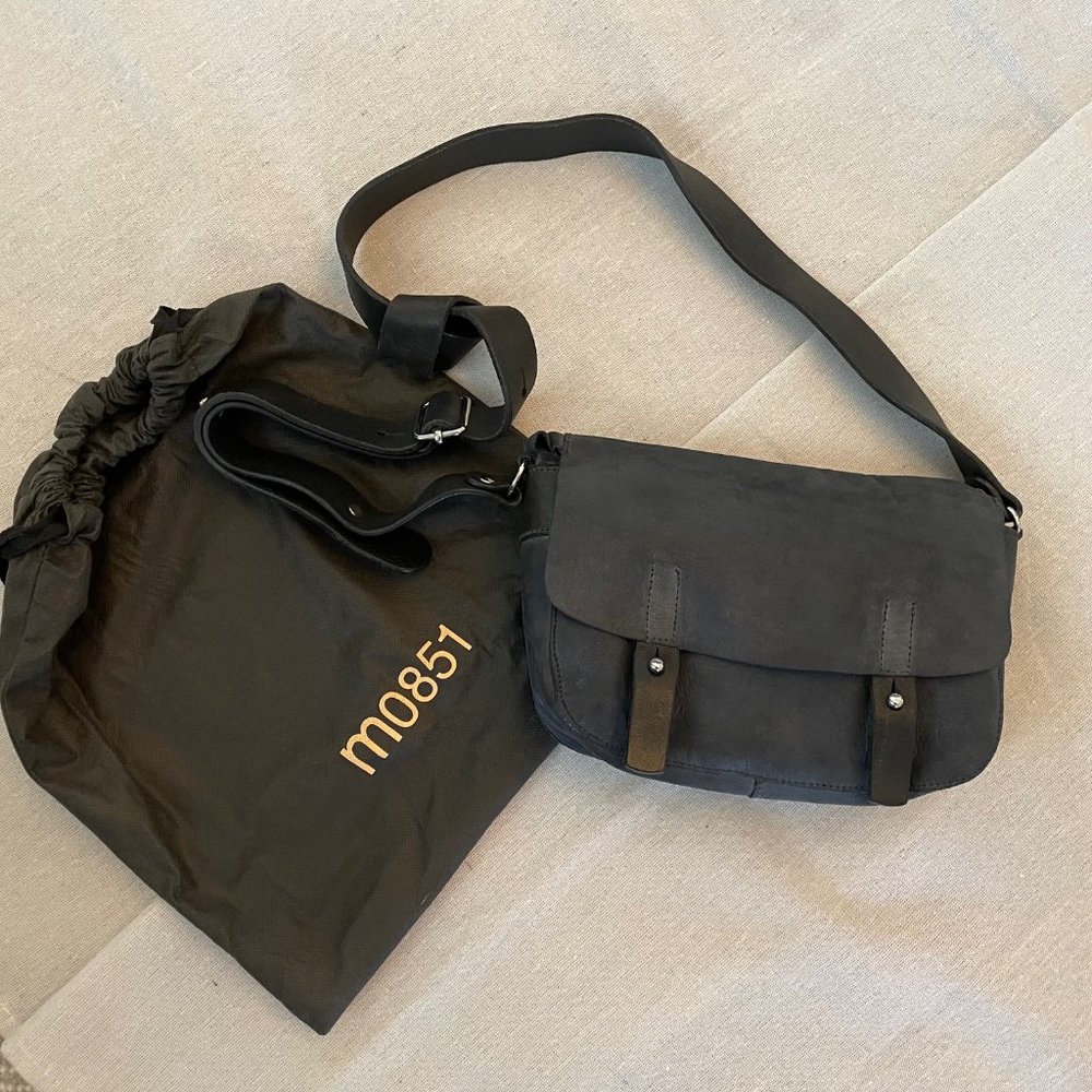 m0851 Small Crossbody Leather Bag, Dark Navy w/ Black Strap
